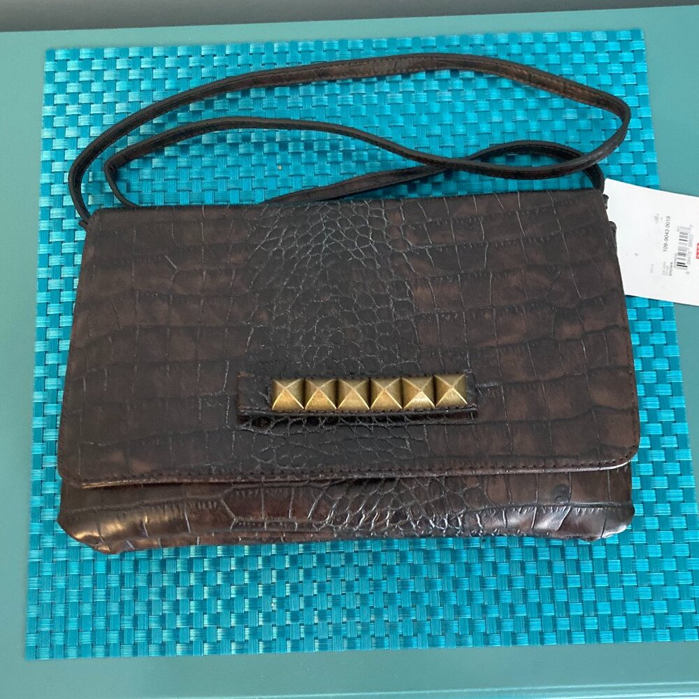 Crossbody Clutch Handbag Brown Crocodile Texture NWT